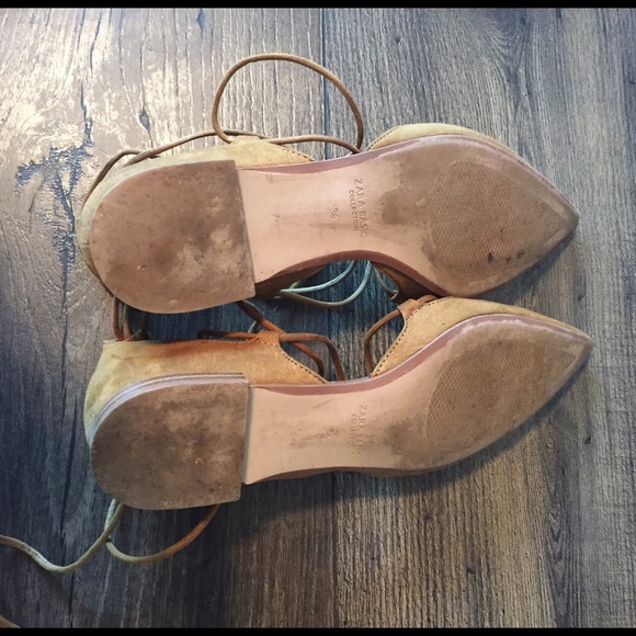 Zara Brown Pointed Toe Lace Up Flats - Picture 3 of 5